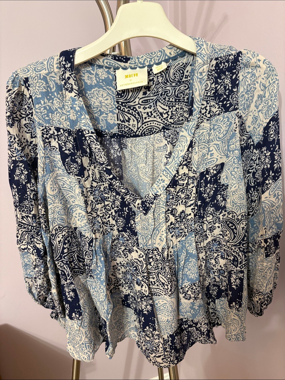 Anthropologie Navy and Light Blue Patchwork Paisley V-Neck Blouse